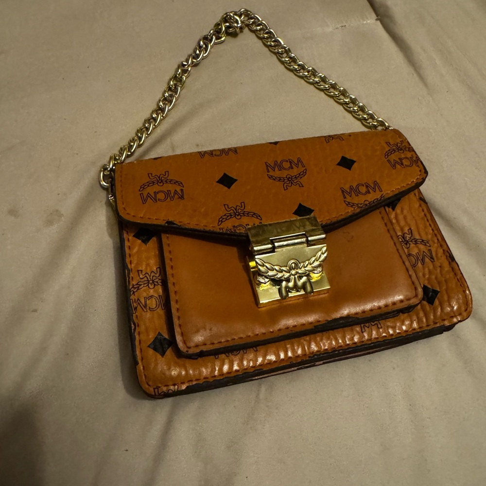 MCM Tan Leather Crossbody Bag with Gold Chain